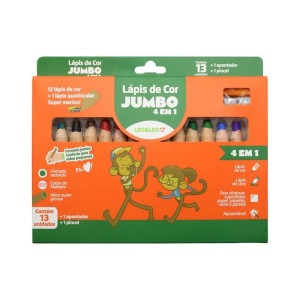 KIT LÁPIS DE COR 13 CORES JUMBO 4 EM 1 C/ APONTADOR E PINCEL LEO&LEO