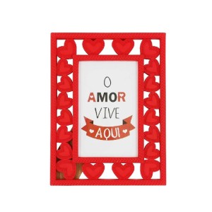 PORTA RETRATO O AMOR VIVE AQUI CORAÇÃO NA BORDA