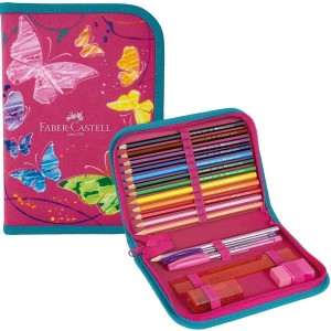 ESTOJO ESCOLAR BORBOLETA ROSA  KIT 18 ITENS  FABER-CASTELL