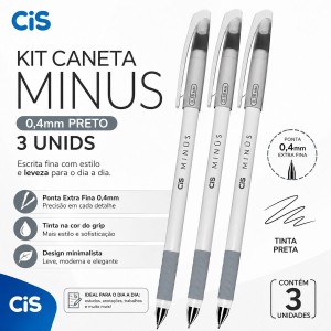 KIT CANETA ESFEROGRAFICA MINUS 0,4MM PRETO 3 UNIDS CIS