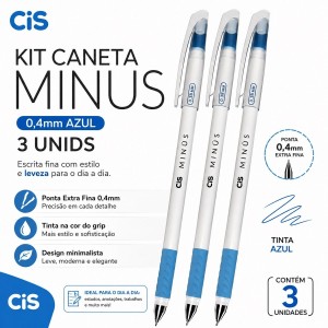 KIT CANETA ESFEROGRAFICA MINUS 0,4MM AZUL 3 UNIDS CIS